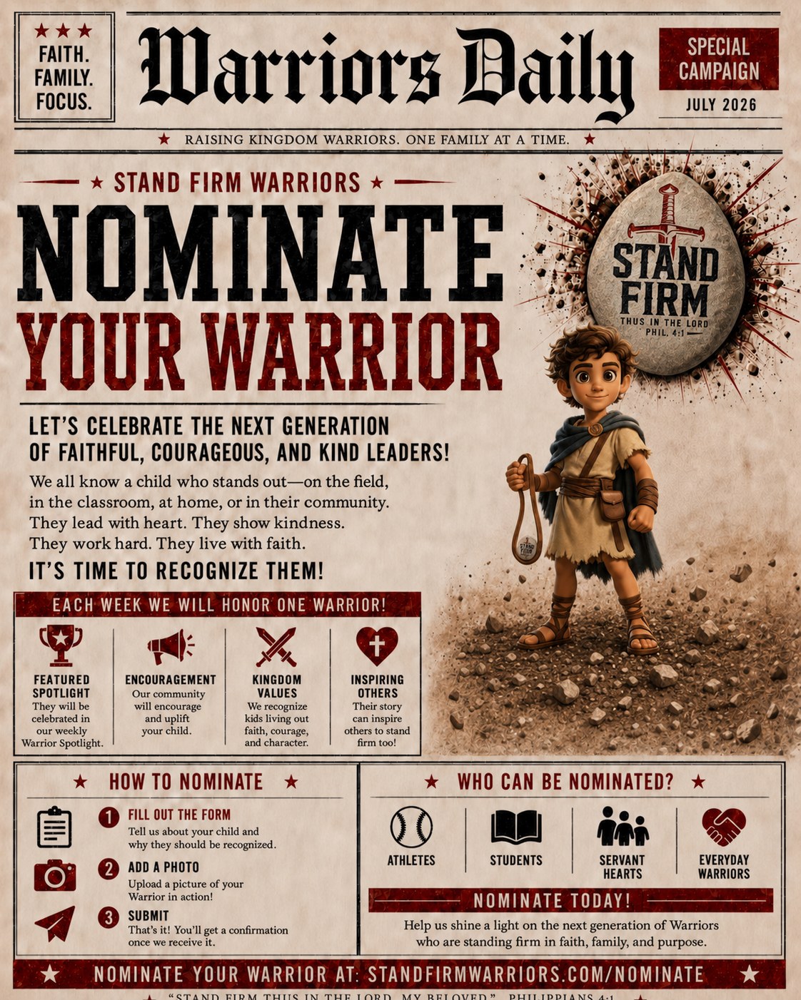 Nominate Your Warrior — Warriors Daily special campaign. Tap to submit your child.