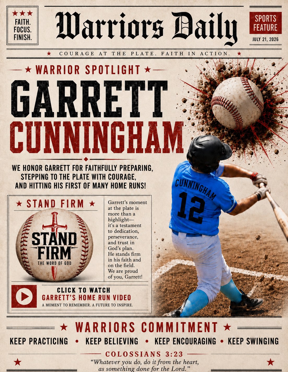 Warrior Spotlight card honoring Garrett Cunningham