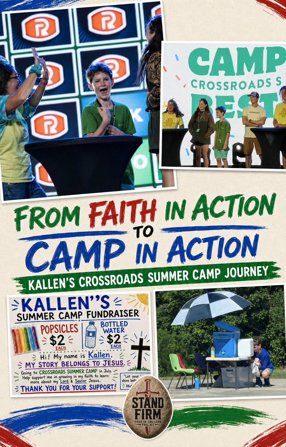 From Faith in Action to Camp in Action &mdash; Kallen's Crossroads Summer Camp journey: Kallen on stage at Crossroads Summer Camp, his handmade popsicle and bottled water fundraiser sign, and his stand set up outside